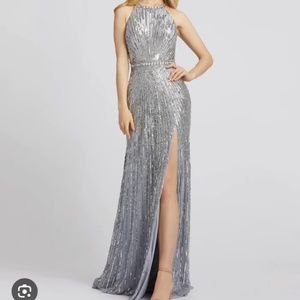 Mac Duggal Platinum Sequined Halter Neck A Line Gown style 4963 Size 4